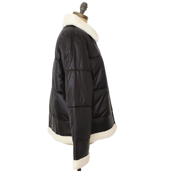 ANDREW MARC SPORT Mixed Puffer Jacket M Faux Leather Sherpa Trim Black NWT A1 - Picture 3 of 6